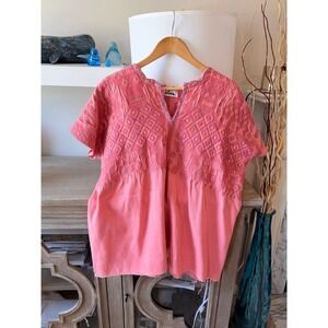 Arloom Huipil Hand Embroidered Tunic Blouse Womens Pink OS